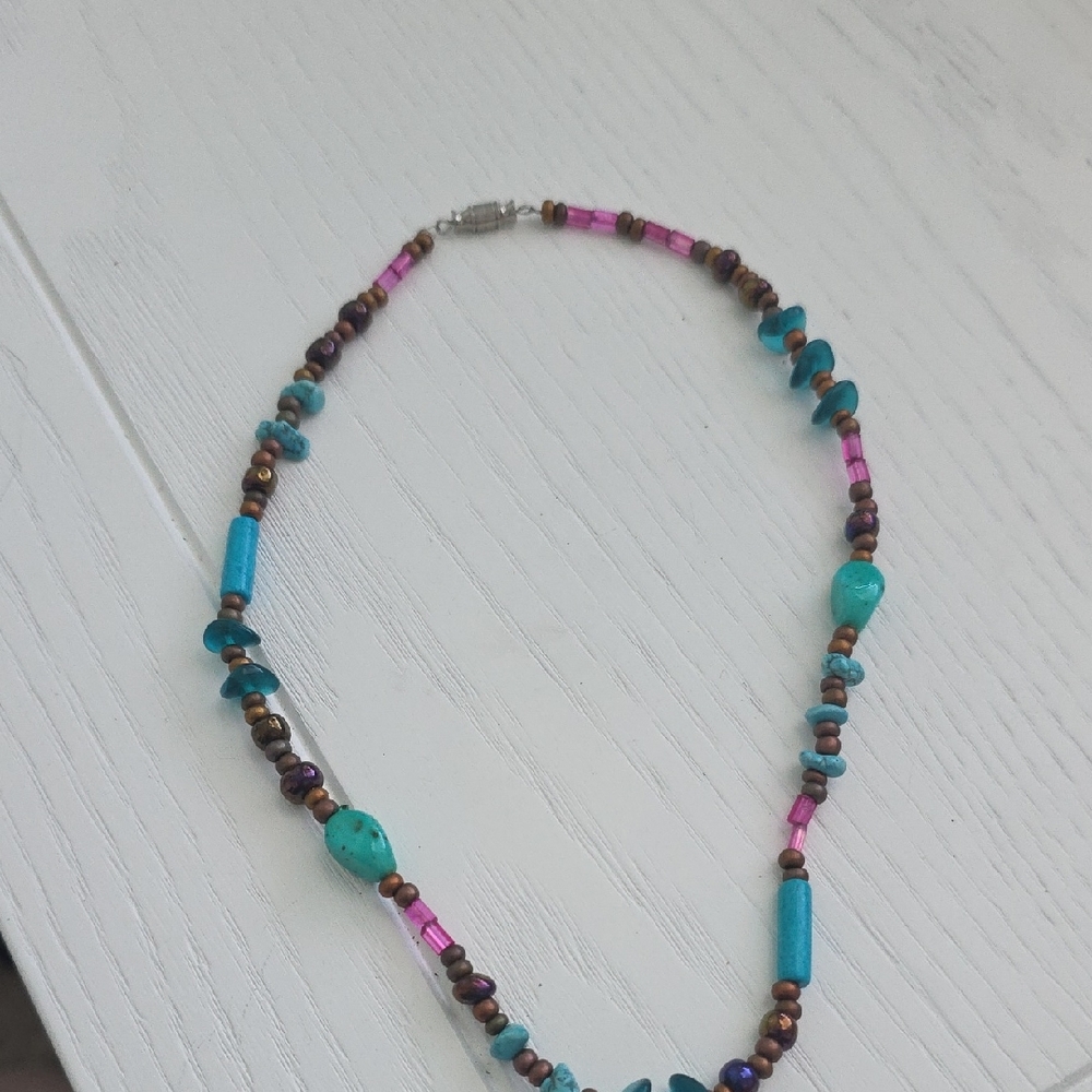 Turquoise and Pink Beaded Necklace